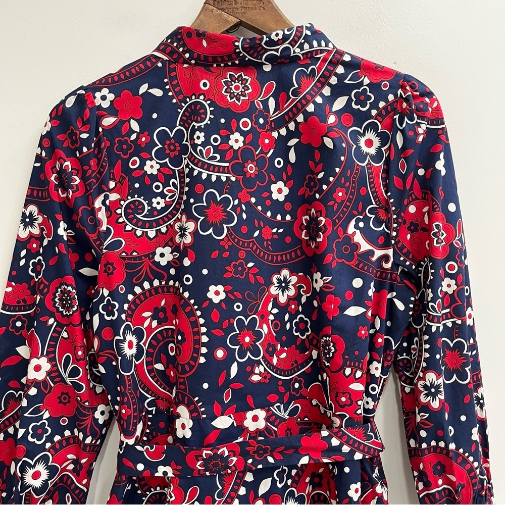 Talbots Picnic Paisley Poplin Shirtdress Navy Blue Red Belted Long Sleeve 16P - Picture 11 of 13